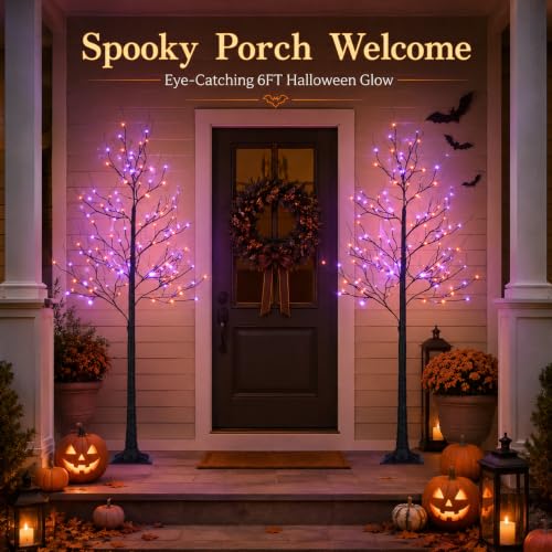 6FT LED Lighted Halloween Tree 2-Pack with Orange & Purple Lights - Indoor Outdoor Decor
