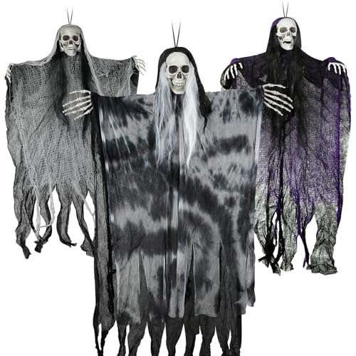 Large Hanging Halloween Skeleton Ghost Decorations Set – 3 Pack Outdoor Yard Decor