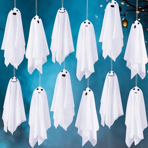 Halloween Hanging Ghost Decorations Set - 12 White Cloth Ghosts for Indoor Outdoor Spooky Decor