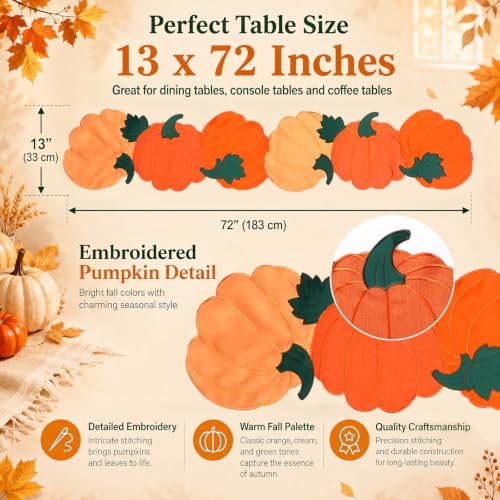 Fall Pumpkin Embroidered Table Runner, Autumn Decor for Thanksgiving & Halloween