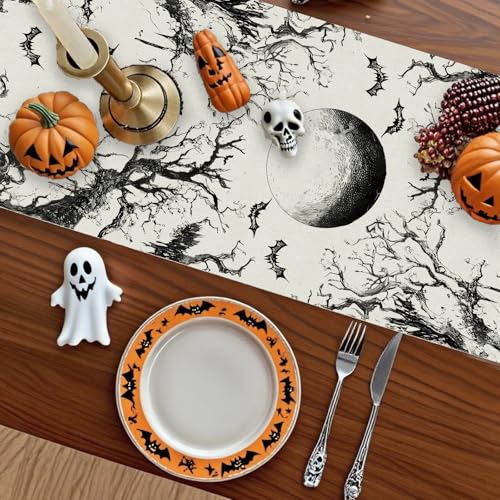Halloween Table Runner Black Ghost Burlap 13 x 108 Inch - Indoor Outdoor Decor
