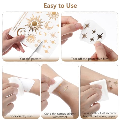 Gold Temporary Tattoos Set - 9 Sheets, 110+ Metallic Designs Waterproof Body Art