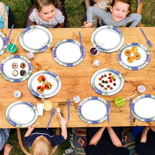 Hydrangea Pattern Disposable Paper Plates - 50 Pack 11-Inch Large Spring Floral Dinnerware Set