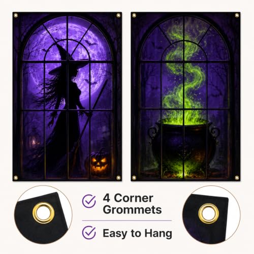 Halloween Window Covers Set - Witch & Cauldron Night Scene, 2 Pack, 31.5 x 47.2 Inches - Witch Variation