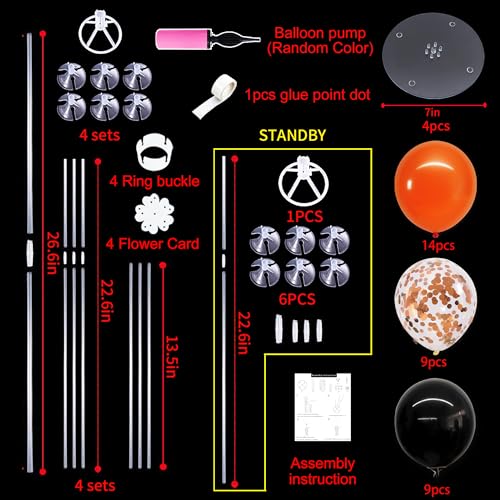 Balloon Stand Set for Table Centerpieces - Black & Orange, 4 Pieces with Balloons