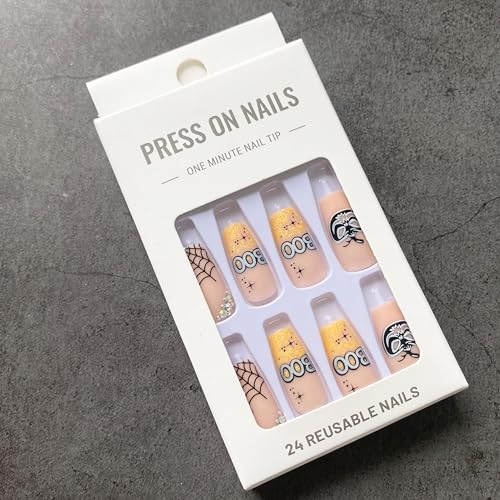 Halloween Press On Fake Nails - Medium Length Matte Nail Set with Stitch Pumpkin & Spider Web Designs - Style13