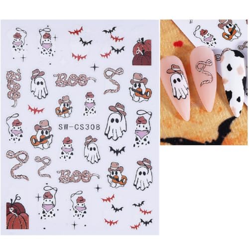 Halloween & Autumn Nail Art Stickers - Self-Adhesive Spider Web Pumpkin Ghost Leaves - 8 Sheets, Orange