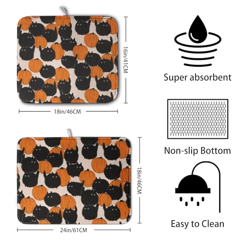 Halloween Cat Dish Drying Mat 18x24 Inch Halloween Kitchen Counter Protector - Black & Orange