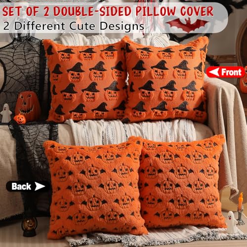 20x20 Inch Halloween Pillow Covers Set of 2 - Faux Fur Double-Sided Pumpkin Bat & Pumpkin with Hat, Plush Fall Home Decor - Orange Variation