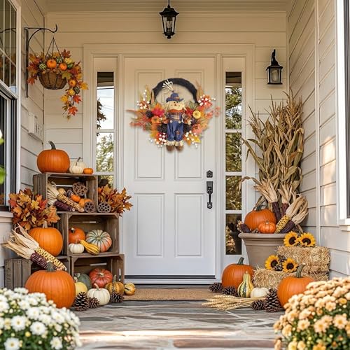 24-Inch Collapsible Fall Wreath with LED Lights for Front Door
