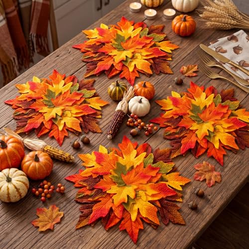 Fall Thanksgiving Maple Leaf Placemats Set - 4 Multicolor 15 Inch - Layered 3D Design