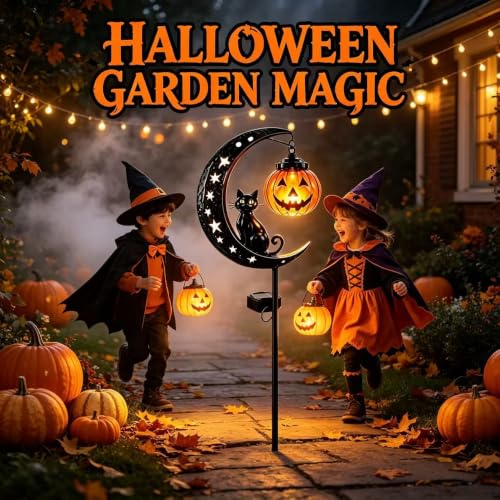 Solar Black Cat Pumpkin Moon Garden Stake Light Set - Outdoor Halloween Decor - Variation A