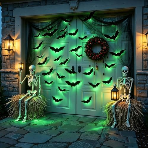 36 Pack LED Glowing Halloween Bat Wall Decorations - 3D Flying Window Decals, Green Lights