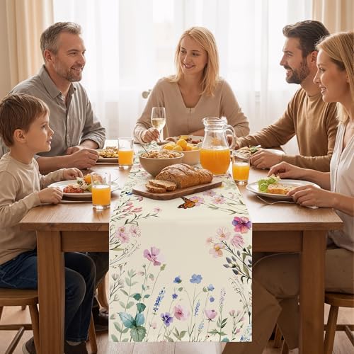 Spring Floral Table Runner - Daisy Eucalyptus Lavender Summer Table Decor - 73x13.8 Inch