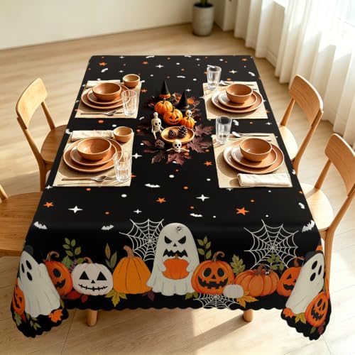 Black 102x60 Inch Halloween Pumpkin Ghost Tablecloth for Fall & Party Decor
