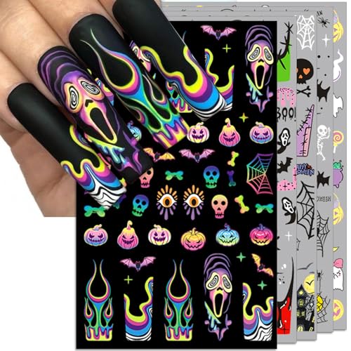 Halloween Nail Art Stickers Mix - Gradient Pumpkin Horror Mask Spider Web Design, 3D Self-Adhesive Decals, 5 Sheets
