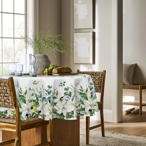 Round Eucalyptus Tablecloth 60x60 Inch - White, Durable Polyester