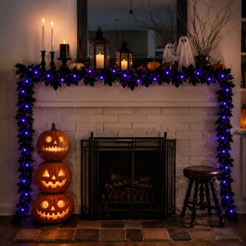 Black Halloween Garland with Colorful String Lights - 6FT Battery Operated Decor