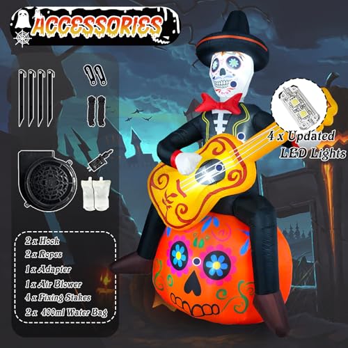 Halloween Inflatable Decoration 6 FT Spooky Sugar Skull Guitar Pumpkin with LED Lights - Day of The Dead Yard Decor