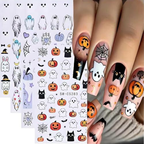 Halloween Ghost Nail Stickers Set - White 1 - 4 Sheets Self-Adhesive 3D Decals for Nails