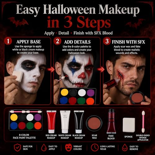 8-Color Halloween Face & Body Paint Kit with Fake Blood & Imitation Skin