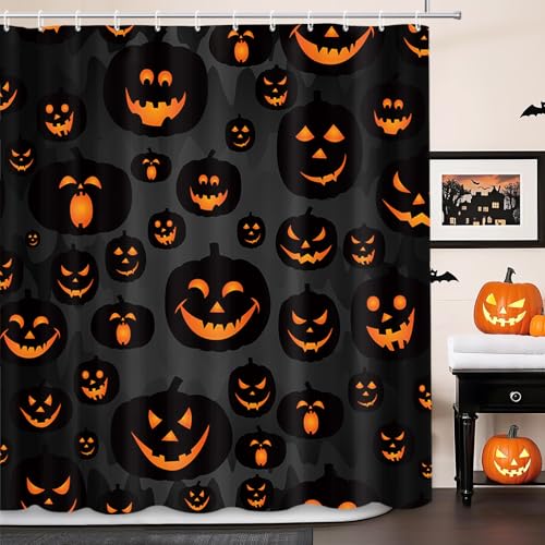 Halloween Shower Curtain Evil Pumpkin Bathroom Decor 72x72in Black
