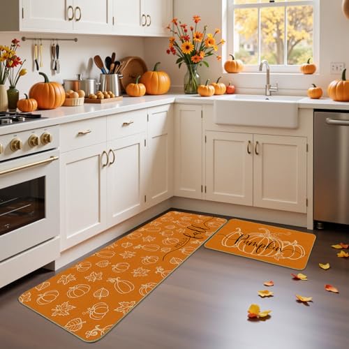 Fall Pumpkin Kitchen Rug Set of 2 - Autumn Decor Washable Non-Slip Mats