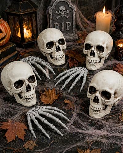 Halloween Skeleton Decorations Set with Skull Heads and Hands - 8 Pack Miniature Props for Haunted House & Yard Decor