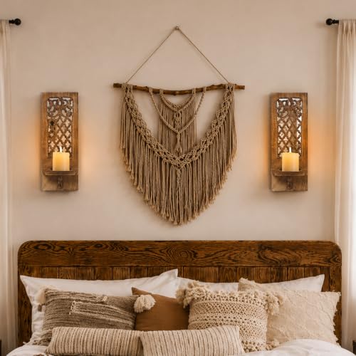 16 Inch Jharokha Wooden Candle Sconce with Mirror, Rustic Burnt Finish - Pack of 2
