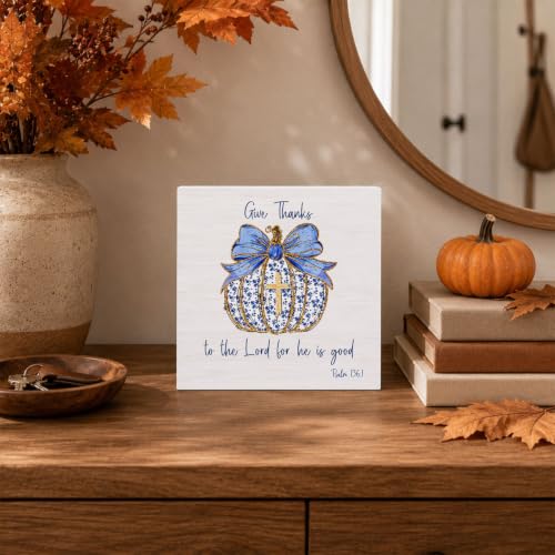 Chinoiserie Fall Wooden Box Sign Desk Decor - Blue Bow - 5x5 Inch