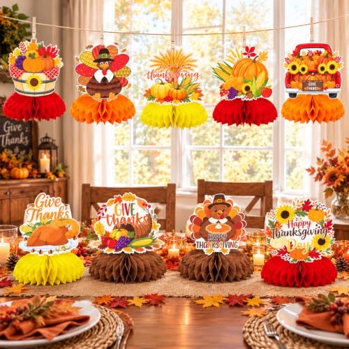 Thanksgiving Give Thanks Honeycomb Centerpieces Set - Fall Table Decor, 9 Pcs