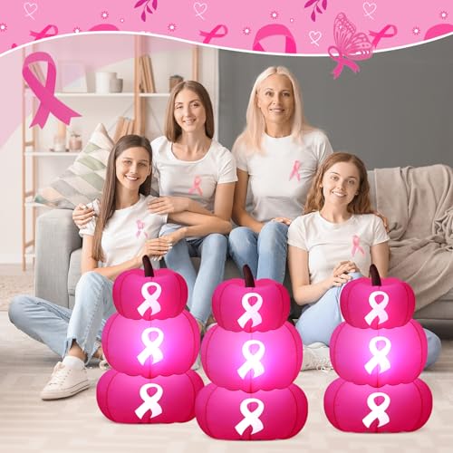 Pink Ribbon Inflatable Pumpkin Decorations - Breast Cancer Awareness Set of 3, 4 Feet Tall