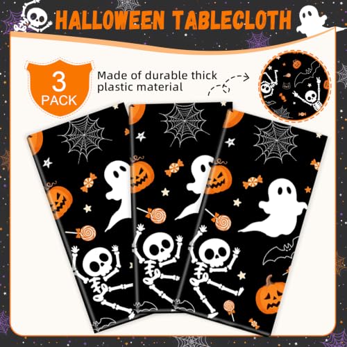 Halloween Disposable Plastic Tablecloth 54x108 Inch - 3 Pack for Indoor Outdoor Parties - Black Pumpkin Skeleton Design - Variation: Halloween