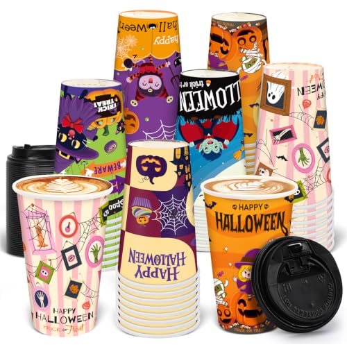 Halloween Disposable Coffee Cups 16oz with Lids - 48 Pack, Spooky Designs
