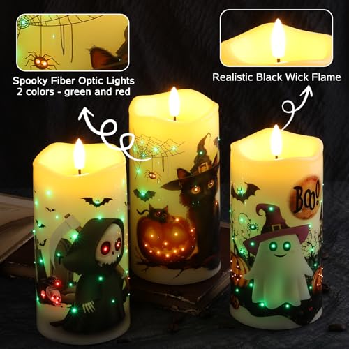 Halloween Fiber Optic Flameless Candle Set - Reaper, Cat, Ghost with Remote Control