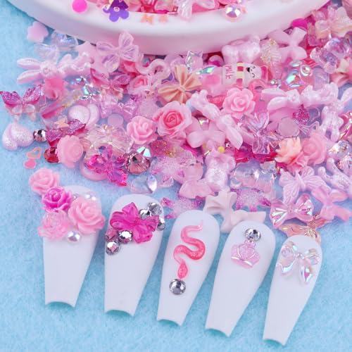Pink Nail Art Charms Kit - 100pcs Resin Gems & Flatback Rhinestones