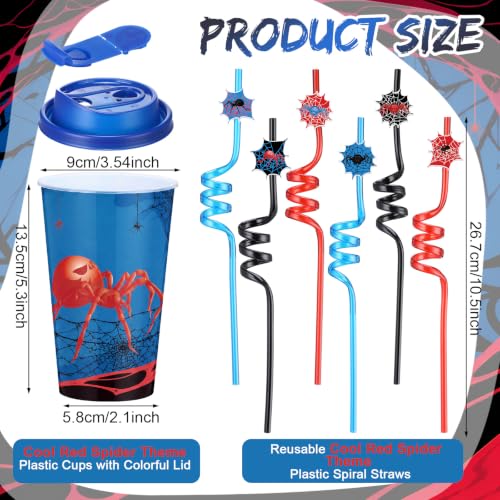 24 Sets Spider Party Cups with Lids & Straws - Reusable 16oz Plastic Party Favors - Halloween & Birthday Decor