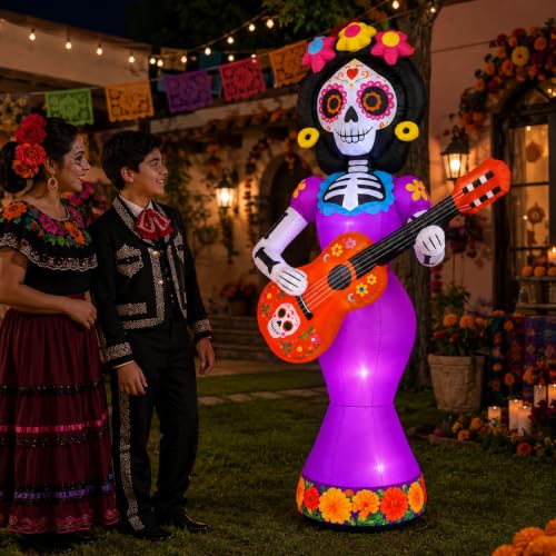 Halloween Inflatable Sugar Skull with Guitar - 6 FT Day of the Dead Decor with LED Lights, Yard & Lawn Decorations - Variation: Guitar Sugar Skull