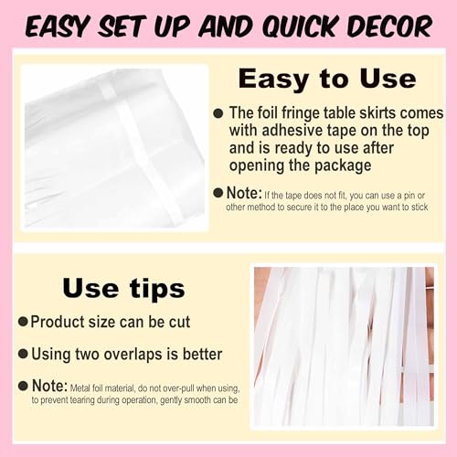 Macaron White Foil Fringe Table Skirts - 3 Pack Metallic Tinsel Streamers for Party Decor