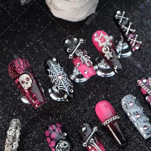 Halloween Press On Nails Long Coffin Fake Nails with Pumpkin Skeleton Charms Pattern 7
