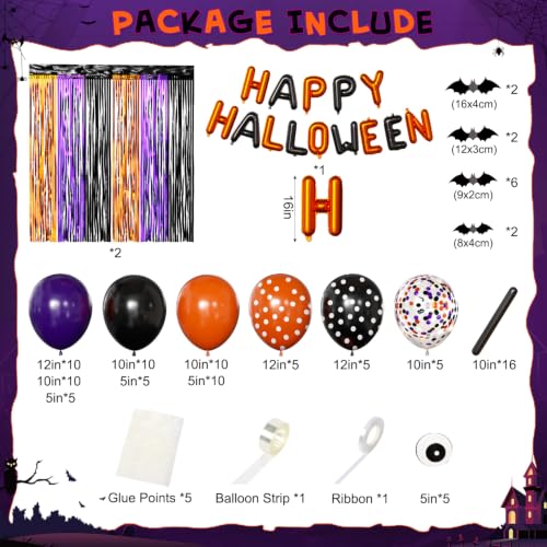 Halloween Fringe Curtain Set - Orange Purple Black Party Decorations with Balloons & Bats - Variation of Black Purple Orange