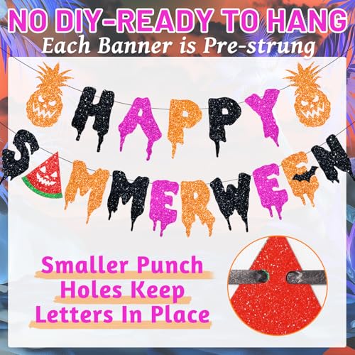 Pink Summerween Banner Set with Glitter Garlands - Pre-Strung Halloween Party Decor