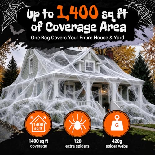 Halloween Spider Web Decorations Set with 120 Fake Spiders - 1400 sq ft