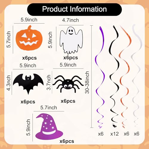Halloween Hanging Swirls Decorations - 30PCS Ghost Spider Witch Pumpkin Bats in Black Orange Purple