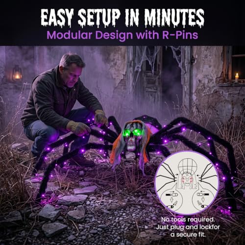 52-Inch Floor-Standing Halloween Giant Skull Face Spider with Flashing Red & Green LED Eyes