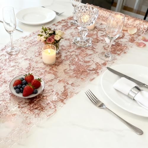 Rose Gold Glitter Metallic Mesh Table Runner 12 Pack 11x108 Inches for Wedding & Parties - 2x9FT