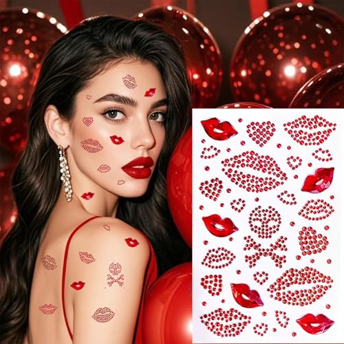 Red-Pink Kiss Face Gems Self-Adhesive Face Stickers for Makeup & Rave