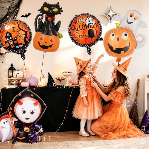 Red Halloween Ghost Balloons Set with Foil Balloons and Ribbon - 5 Pieces