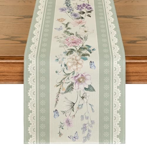 Green Printed Lace Floral Table Runner 13x72 Inch Summer Kitchen Decor
