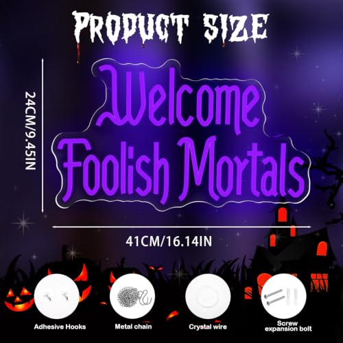 Purple Welcome Foolish Mortals Neon Sign Gothic Haunted House LED Lights - Dimmable USB